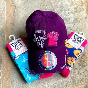 Nurse “living the scrub life” hat and 2 pairs of socks.